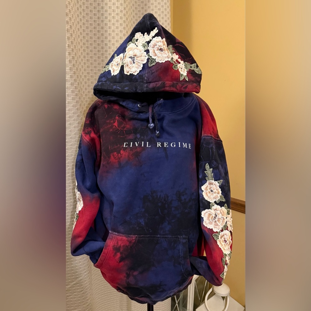 Civil Regime Marble Tie Dye Hoodie with White Rose Floral Appliqué